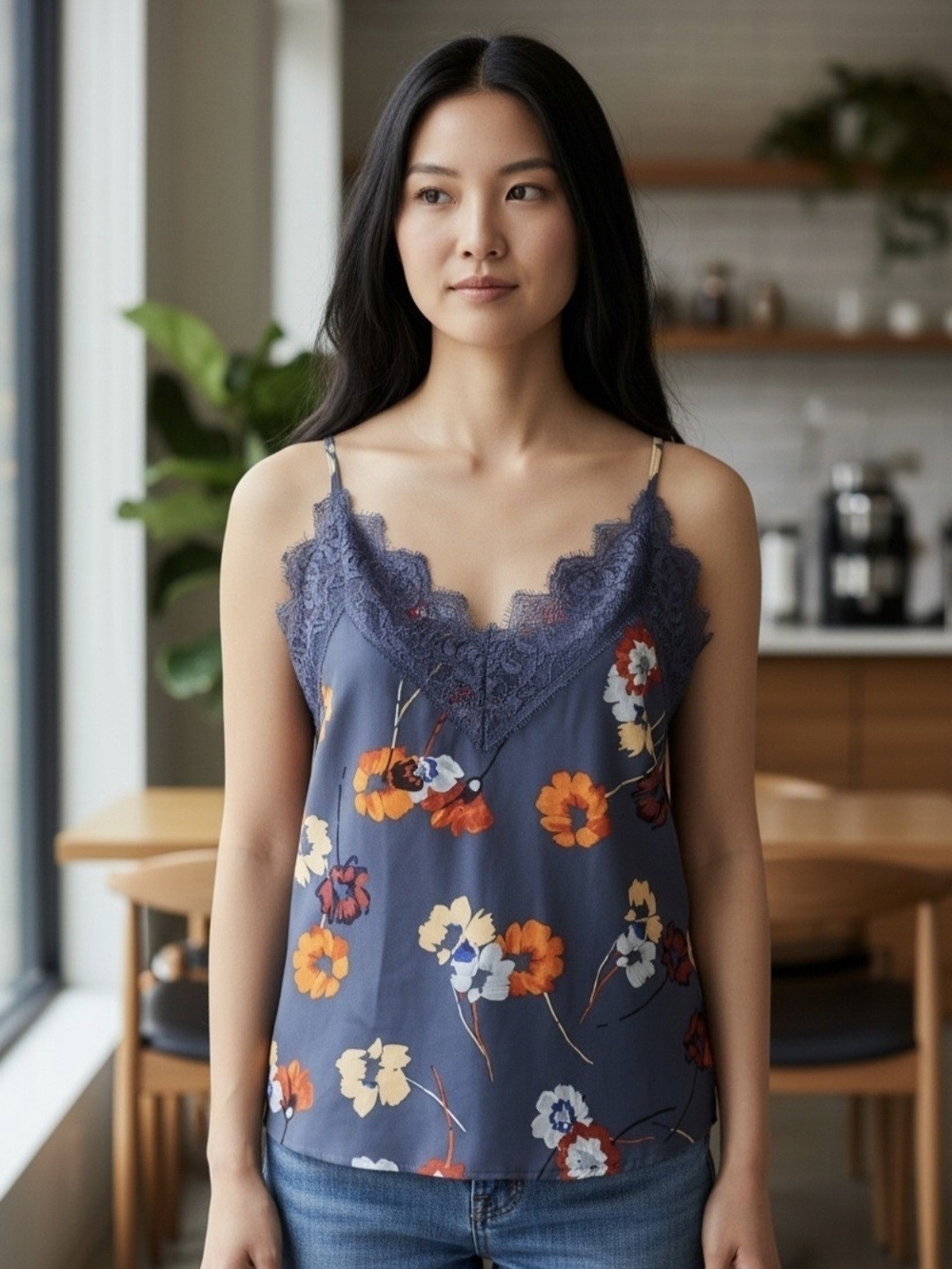 Blue/Gray Womens M Lace Trim Cute Sexy Floral Cami Top With Adjustable Straps